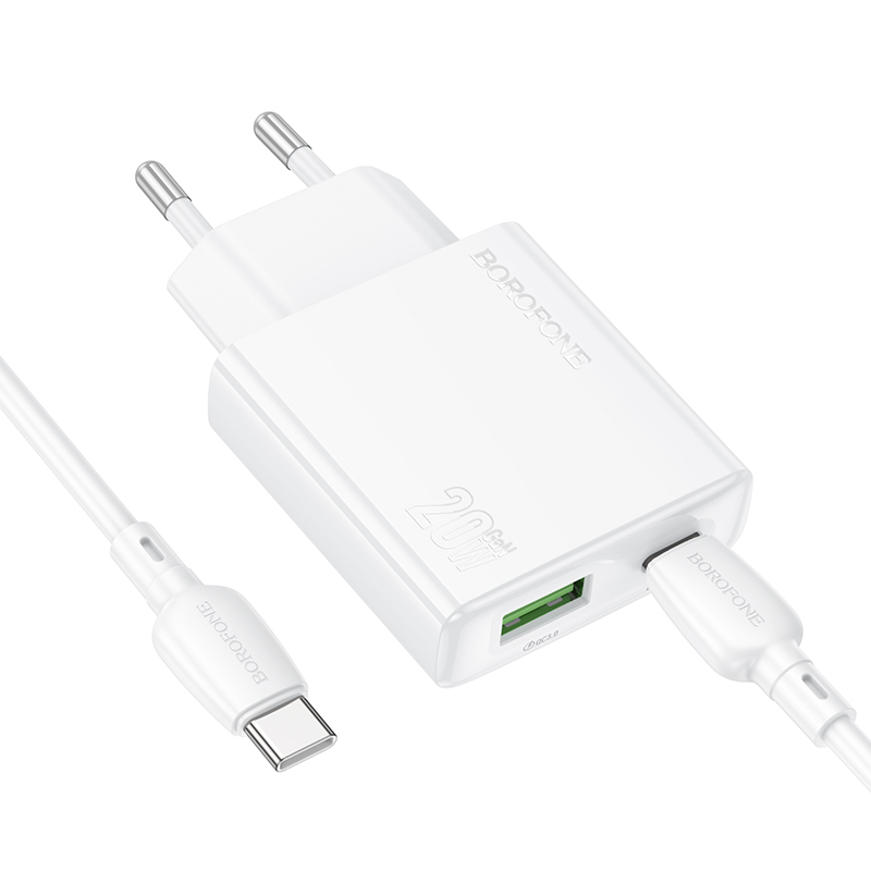 Borofone Wall charger BN24 Wish (Ultra Thin) - USB + Type C - PD QC 3.0 20W with Type to Type C cable white