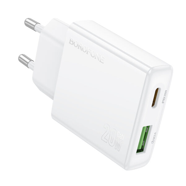 Borofone Wall charger BN24 Wish (Ultra Thin) - USB + Type C - PD QC 3.0 20W white