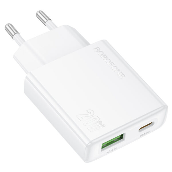 Borofone Wall charger BN24 Wish (Ultra Thin) - USB + Type C - PD QC 3.0 20W white