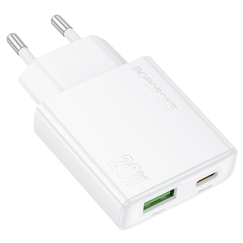 Borofone Wall charger BN24 Wish (Ultra Thin) - USB + Type C - PD QC 3.0 20W white