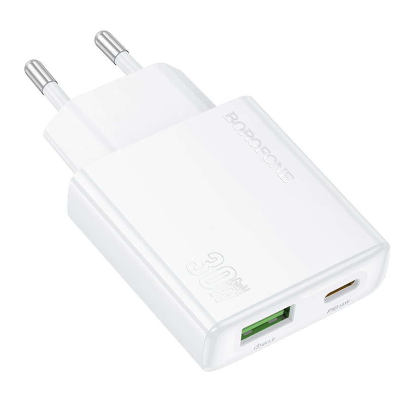 Borofone Wall charger BN25 Wish (Ultra Thin) - USB + Type C - PD QC 3.0 30W white