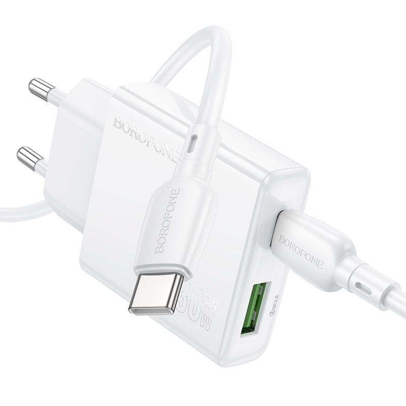 Borofone Wall charger BN25 Wish (Ultra Thin) - USB + Type C - PD QC 3.0 30W with Type C to Type C cable white