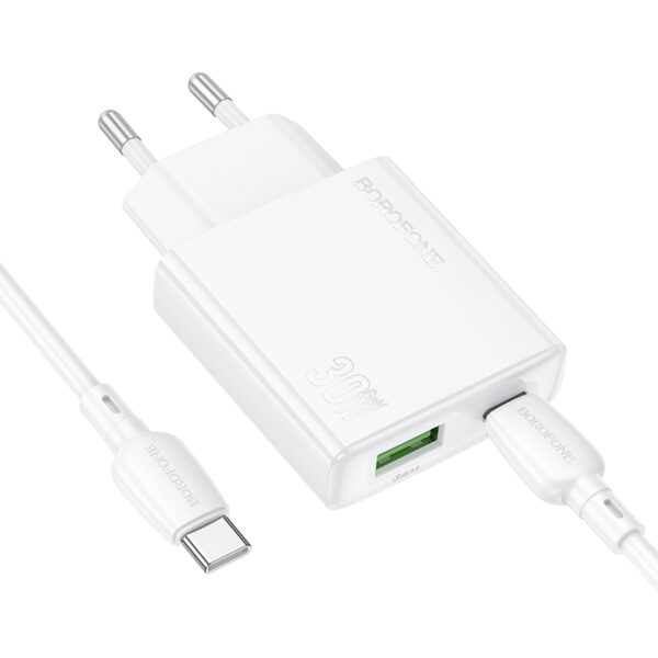 Borofone Wall charger BN25 Wish (Ultra Thin) - USB + Type C - PD QC 3.0 30W with Type C to Type C cable white