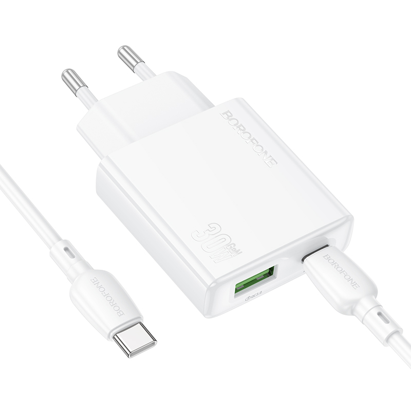 Borofone Wall charger BN25 Wish (Ultra Thin) - USB + Type C - PD QC 3.0 30W with Type C to Type C cable white