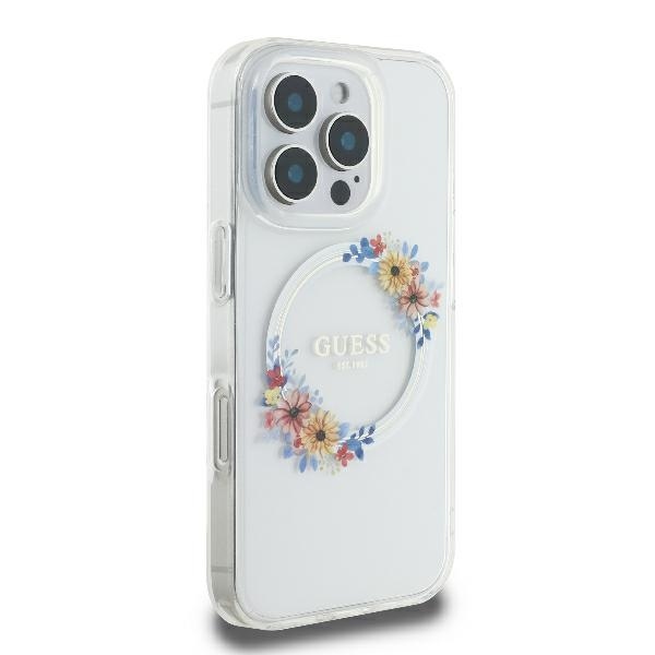 Original Case GUESS IML Flowers Wreath Magsafe GUHMP16SHFWFCT for Iphone 16 transparent