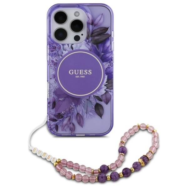 Original Case GUESS IML Flowers with Pearl Strap Magsafe GUHMP16LHFWBRCESU for Iphone 16 Pro purple