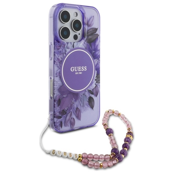Original Case GUESS IML Flowers with Pearl Strap Magsafe GUHMP16LHFWBRCESU for Iphone 16 Pro purple