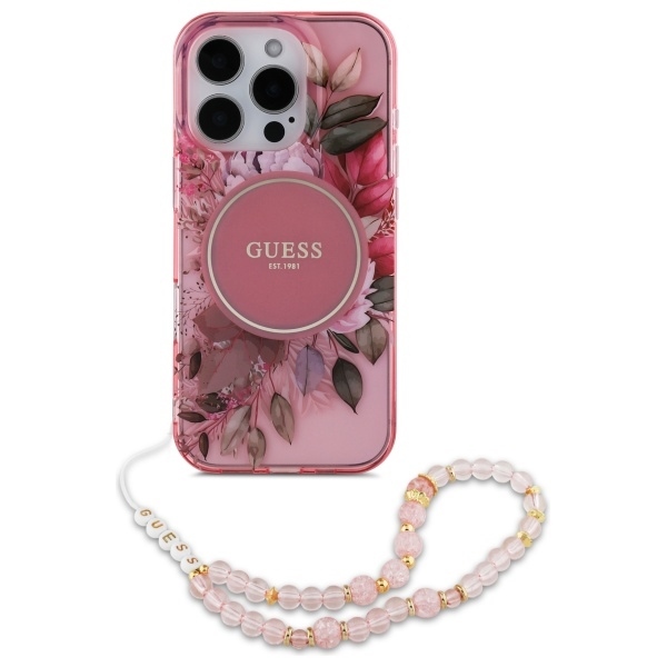 Original Case GUESS IML Flowers with Pearl Strap Magsafe GUHMP16XHFWBRCESP for Iphone 16 Pro Max pink