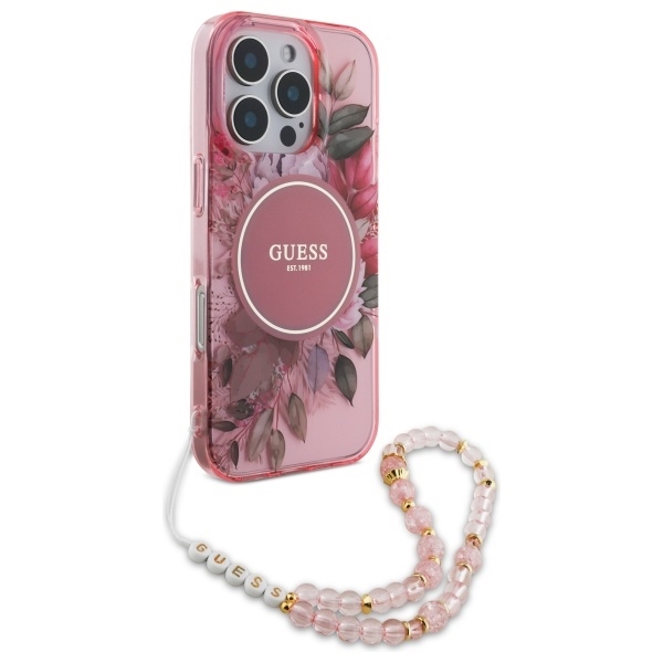 Original Case GUESS IML Flowers with Pearl Strap Magsafe GUHMP16XHFWBRCESP for Iphone 16 Pro Max pink