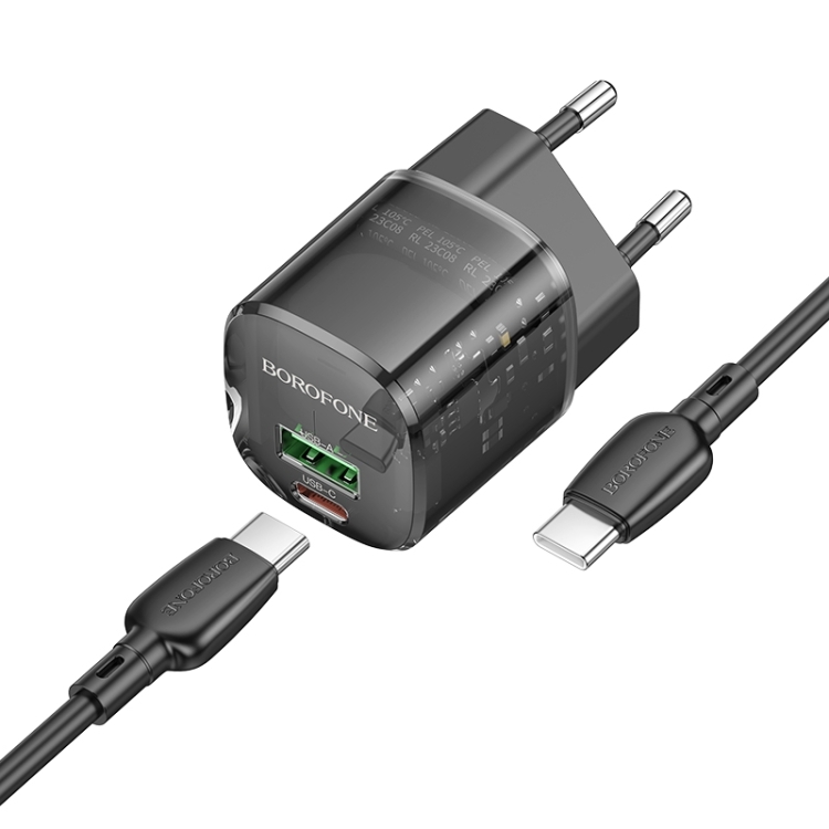 Borofone Wall charger BN17 Sunlight - USB + Type C -  QC 3.0 PD 20W 3A with Type C to Type C cable black