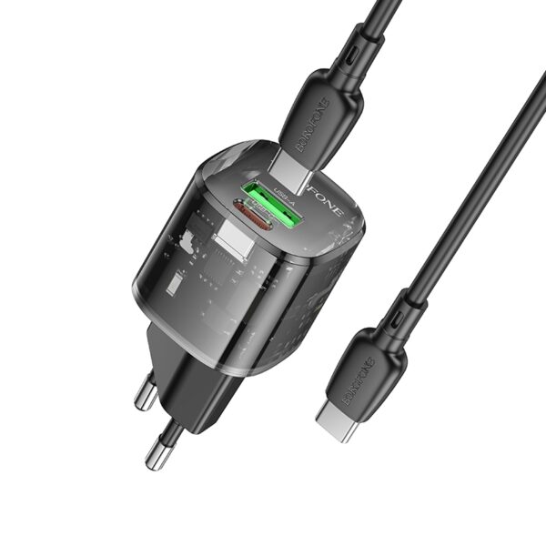 Borofone Wall charger BN17 Sunlight - USB + Type C -  QC 3.0 PD 20W 3A with Type C to Type C cable black