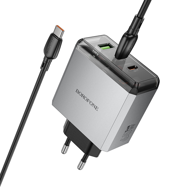 Borofone Wall charger BN22 Lena GaN - 2xType C + USB - QC 3.0 PD 65W with Type C to Type C cable grey