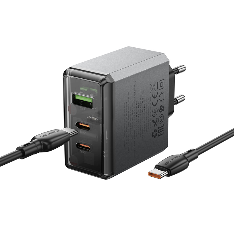 Borofone Wall charger BN22 Lena GaN - 2xType C + USB - QC 3.0 PD 65W with Type C to Type C cable grey