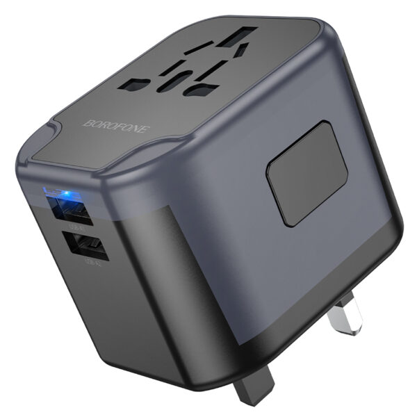 Borofone Travel charger adapter BAC12 - 2xUSB + Typ C - USA, UK, EU, AU black