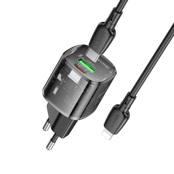 Borofone Wall charger BN17 Sunlight - USB + Type C -  QC 3.0 PD 20W 3A with Type C to Lightning cable black