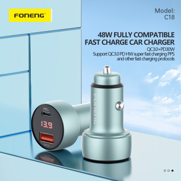 Foneng Car charger C18 - USB + Type C - PD 48W 3A grey