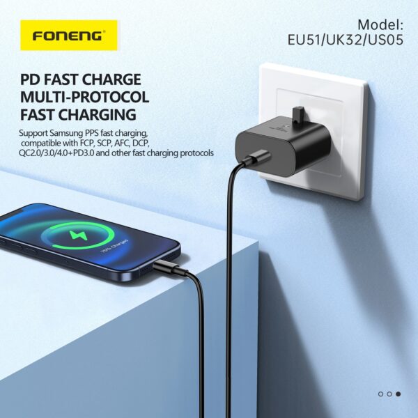Foneng Wall charger EU51 GaN - Type C - PD 25W with Type C to Type C cable black