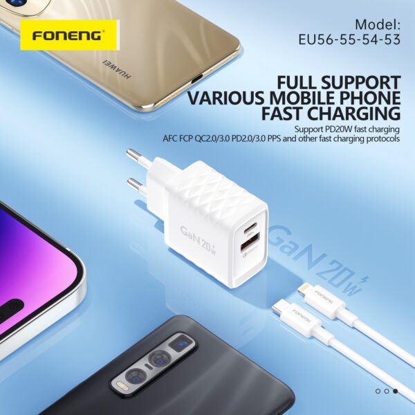 Foneng Wall charger EU56 GaN - USB + Type C - QC 3.0 PD 20W white