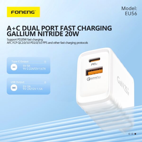 Foneng Wall charger EU56 GaN - USB + Type C - QC 3.0 PD 20W with Type C to Type C cable white