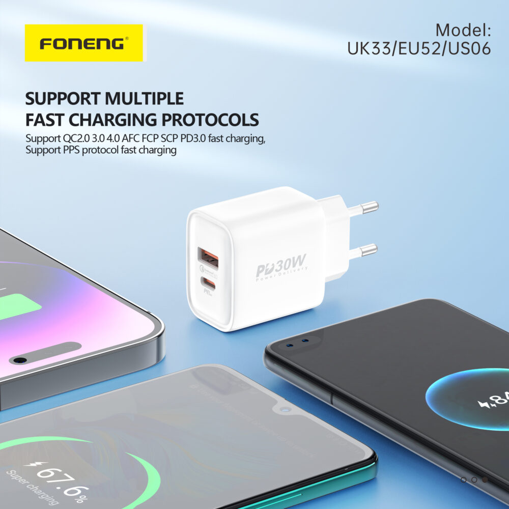 Foneng Wall charger EU52 - USB + Type C - QC 3.0 PD 30W white