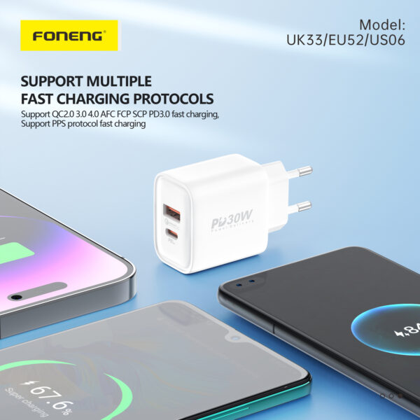 Foneng Wall charger EU52 - USB + Type C - QC 3.0 PD 30W white