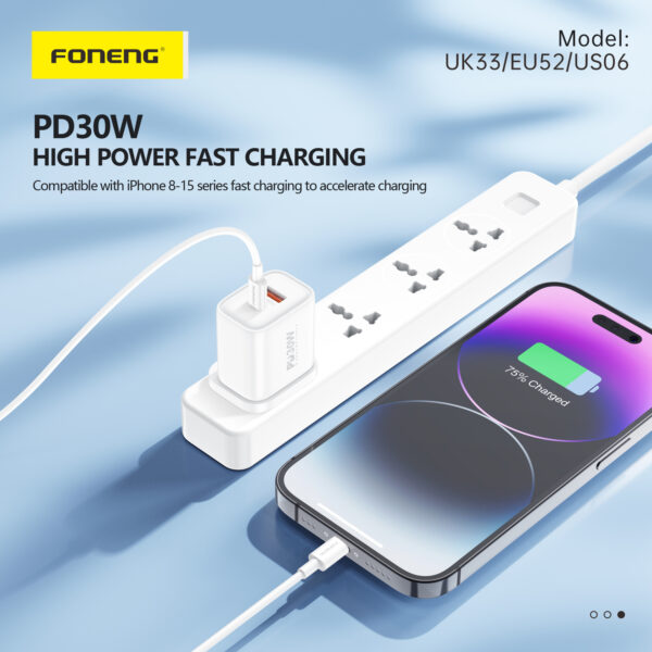 Foneng Wall charger EU52 - USB + Type C - QC 3.0 PD 30W with Type C to Type C cable white