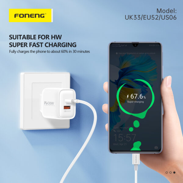 Foneng Wall charger EU52 - USB + Type C - QC 3.0 PD 30W with Type C to Type C cable white