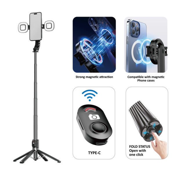 Blavec Selfie Stick Aluminium Fusion P-07 Magsafe tripod + remote control + 2 lamps 1,4 metres (SSFP07-MTR2LB14) black