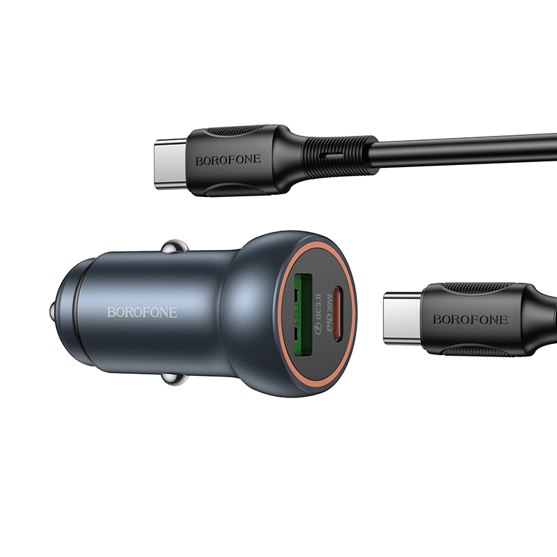 Borofone Car charger BZ32A Fresh - USB + Type C - QC 3.0 PD 30W with Type C to Type C cable grey