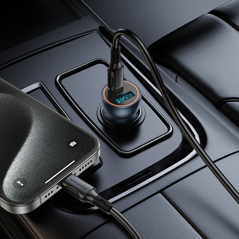 Borofone Car charger BZ32A Fresh - USB + Type C - QC 3.0 PD 30W with Type C to Type C cable grey