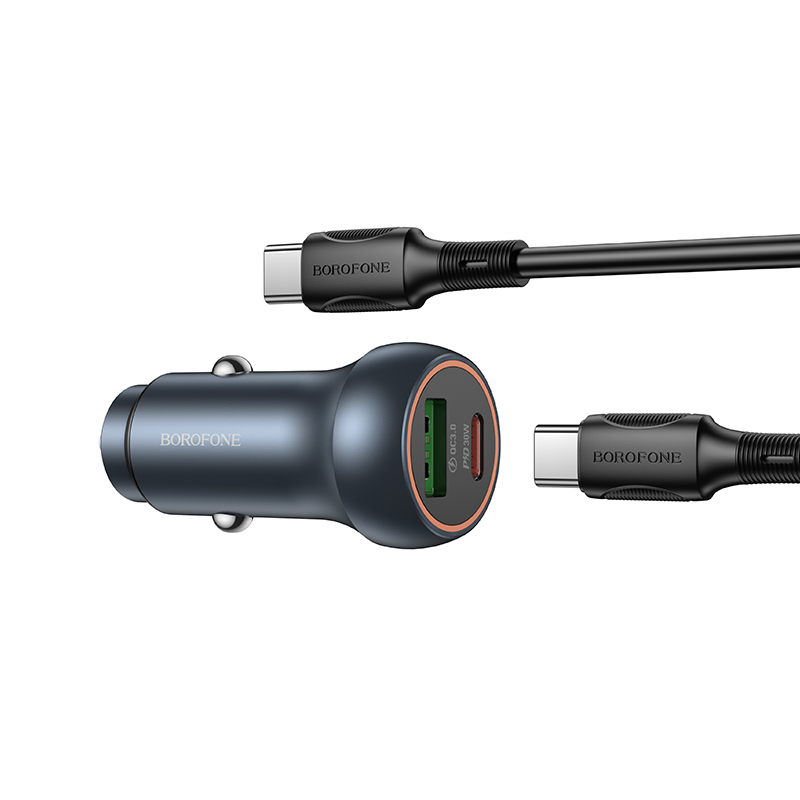 Borofone Car charger BZ32B Fresh - USB + Type C - QC 3.0 PD 48W with Type C to Type C cable grey