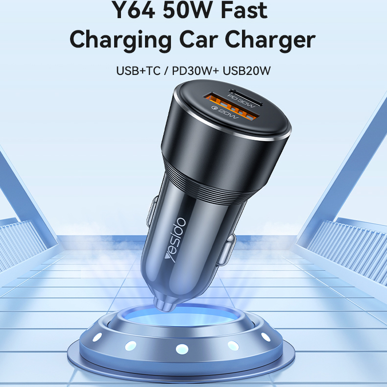 Yesido Car charger Y64 - USB + Type C - 20W + PD 30W black