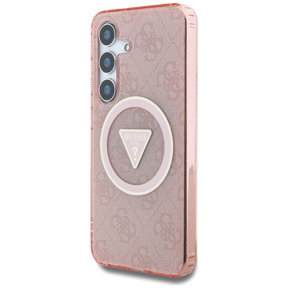 Original Case GUESS 4G Glitter Triangle Buttons Magsafe for Samsung Galaxy S25 pink