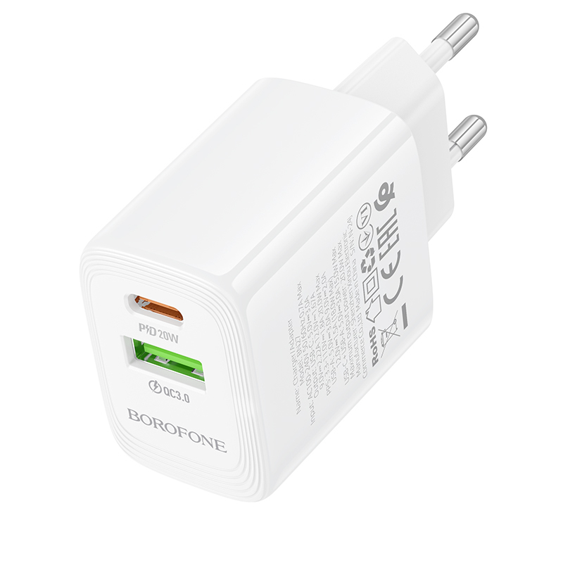 Borofone Wall charger BN27 Fuente - USB + Type C - QC 3.0 PD 20W white