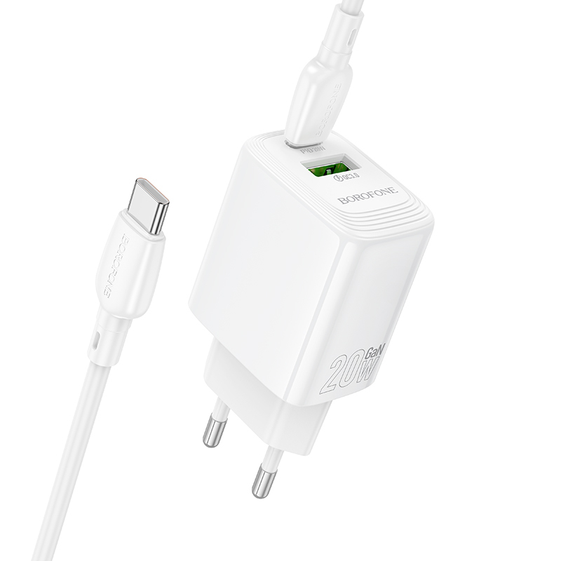 Borofone Wall charger BN27 Fuente - USB + Type C - QC 3.0 PD 20W with Type C to Type C cable white
