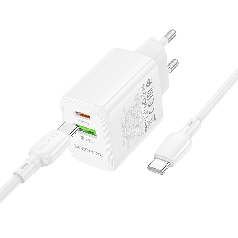 Borofone Wall charger BN27 Fuente - USB + Type C - QC 3.0 PD 20W with Type C to Type C cable white