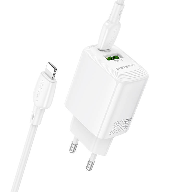 Borofone Wall charger BN27 Fuente - USB + Type C - QC 3.0 PD 20W with Type C to Lightning cable white