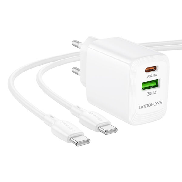 Borofone Wall charger BN29 Fuente - USB + Type C - QC 3.0 PD 30W with Type C to Type C cable white