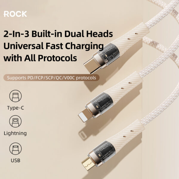 Rock Cable G20 Transparency Series braided 5in1 - USB, Type C to Type C, Lightning, Micro USB - PD 100W 5A 1,5 metres black