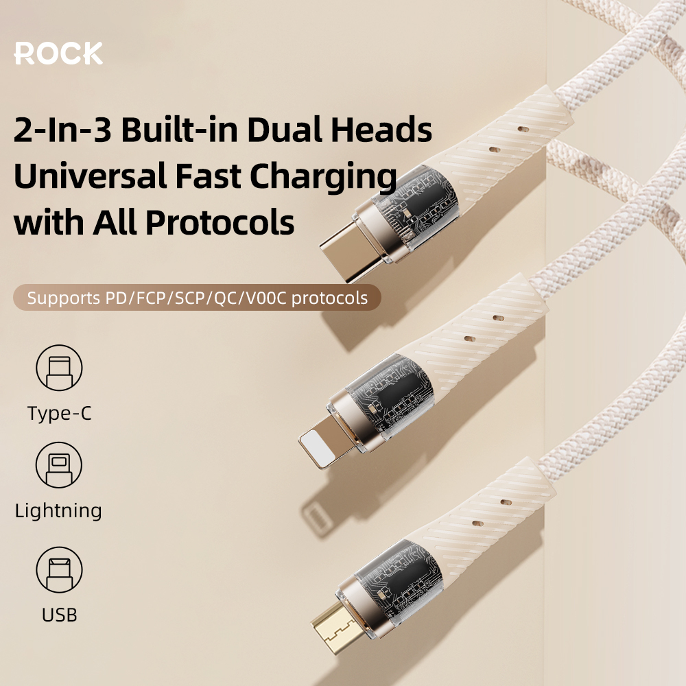 Rock Cable G20 Transparency Series braided 5in1 - USB, Type C to Type C, Lightning, Micro USB - PD 100W 5A 1,5 metres black