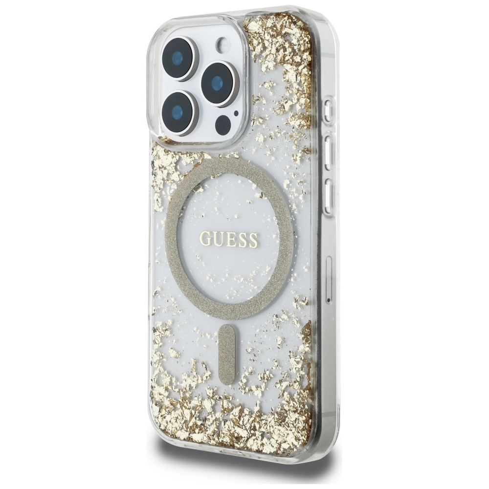 Original Case GUESS HC Resin Bottom Glitter Magsafe for Iphone 16 Pro gold