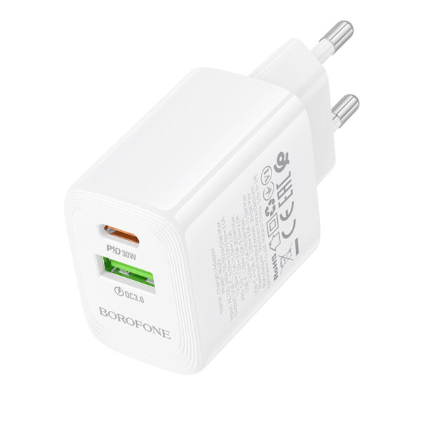 Borofone Wall charger BN29 Fuente - USB + Type C - QC 3.0 PD 30W white