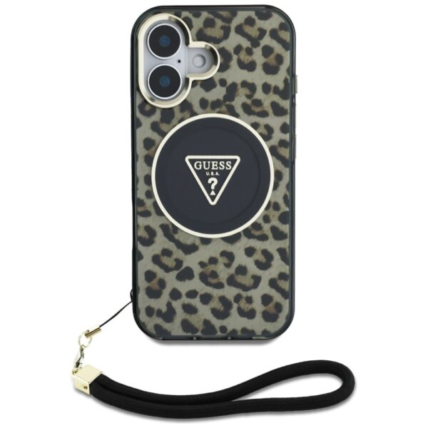 Original Case GUESS HC IML Leopard Triangle Cord Strap for Iphone 16 brown