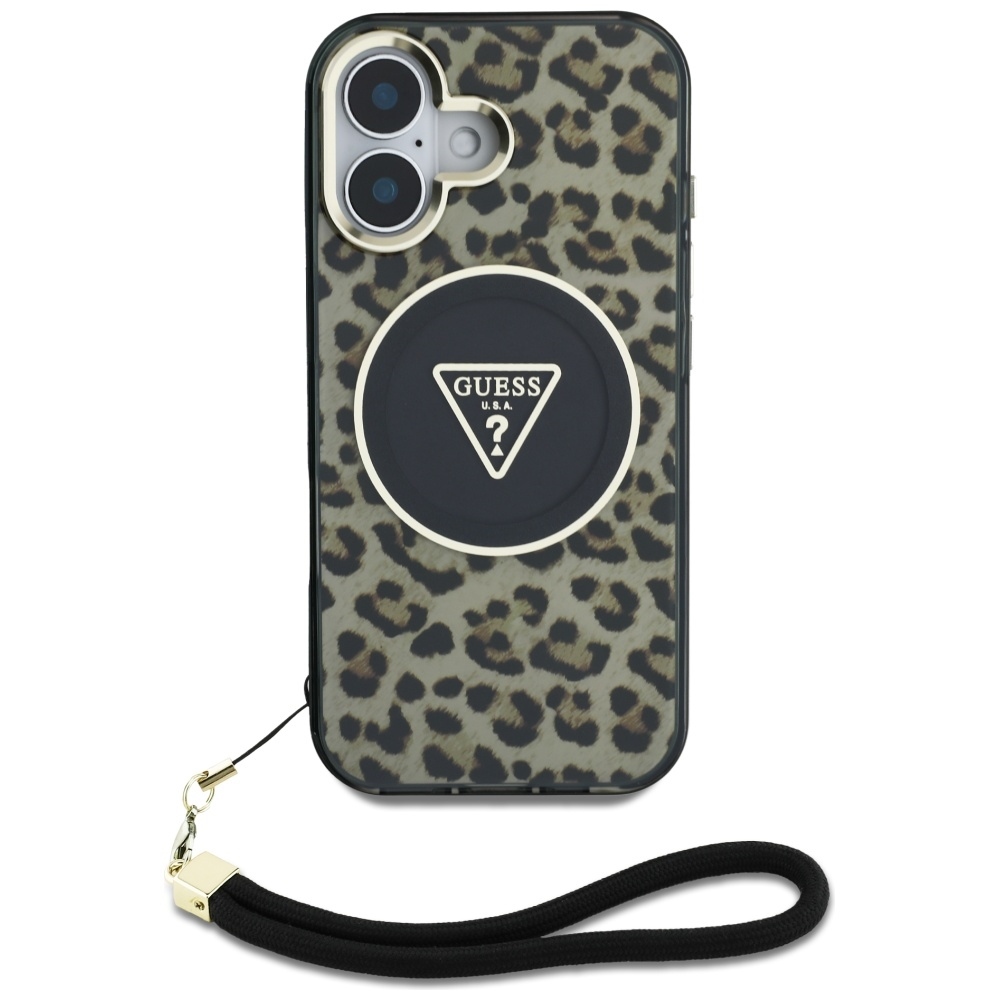 Original Case GUESS HC IML Leopard Triangle Cord Strap for Iphone 16 brown