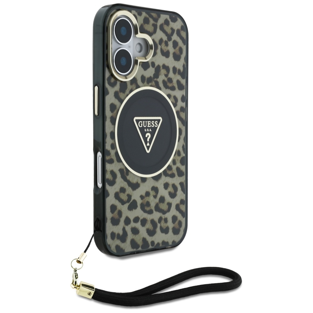 Original Case GUESS HC IML Leopard Triangle Cord Strap for Iphone 16 brown
