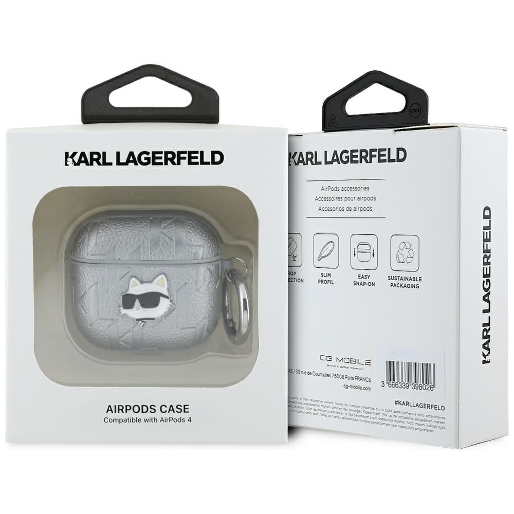 Original AMG Case KARL LAGERFELD Monogram Choupette Head for AirPods 4 silver