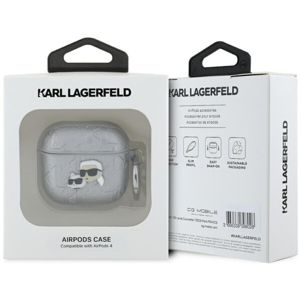 Original AMG Case KARL LAGERFELD Monogram Karl & Choupette Head for AirPods 4 silver