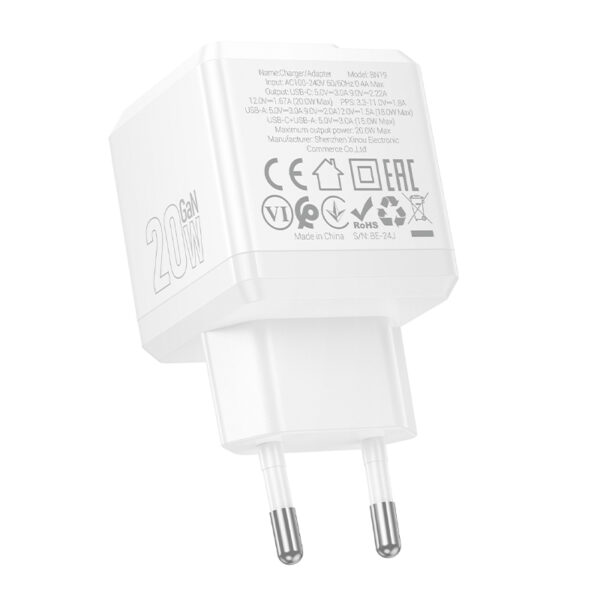 Borofone Wall charger  BN19 Intenso GaN - USB + Type C - PD 20W QC 3.0 3A white