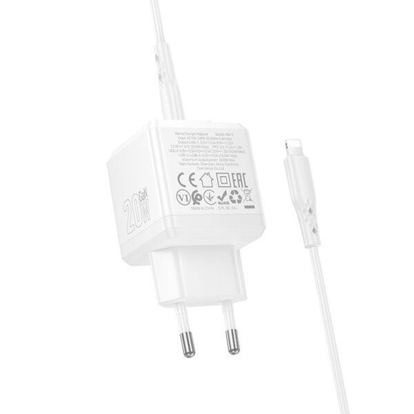 Borofone Wall charger  BN19 Intenso GaN - USB + Type C - PD 20W QC 3.0 3A with Type C to Lightning cable white