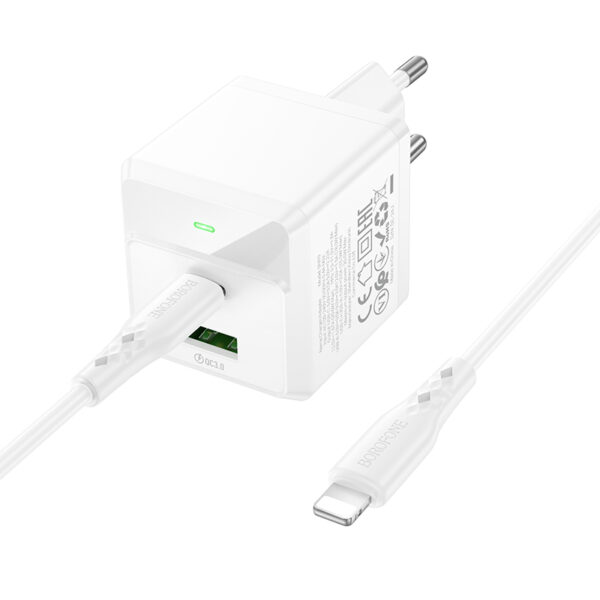 Borofone Wall charger  BN19 Intenso GaN - USB + Type C - PD 20W QC 3.0 3A with Type C to Lightning cable white